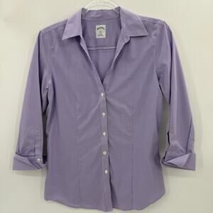 Brooks Brothers Women Button Up Plaid Shirt Sz 6 Purple 3/4 Sleeve V-Neck Cotton